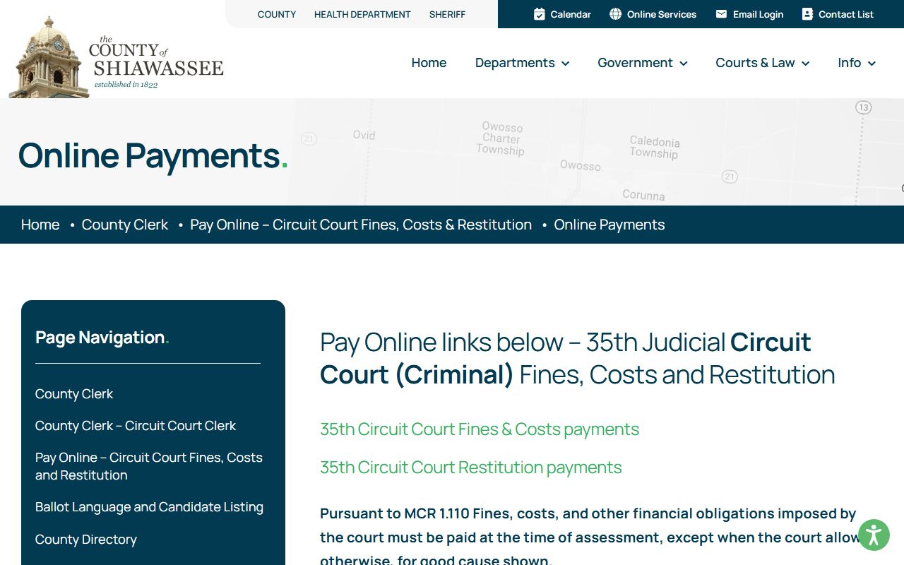 Shiawassee County online payment page for Circuit Court fines, costs, and restitution