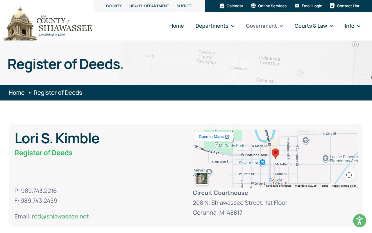 Shiawassee County Register of Deeds page separating land records from court records