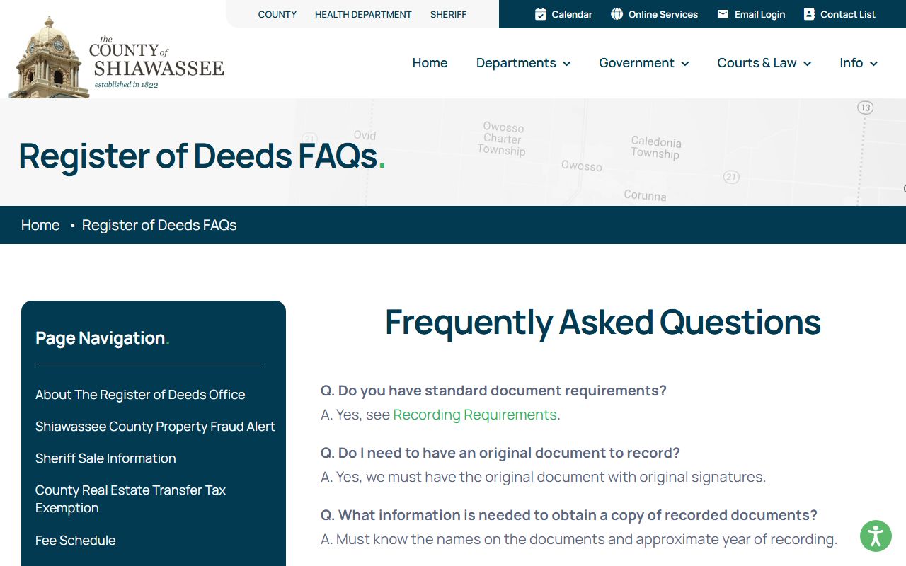 Shiawassee County Register of Deeds FAQ describing land records back to 1836