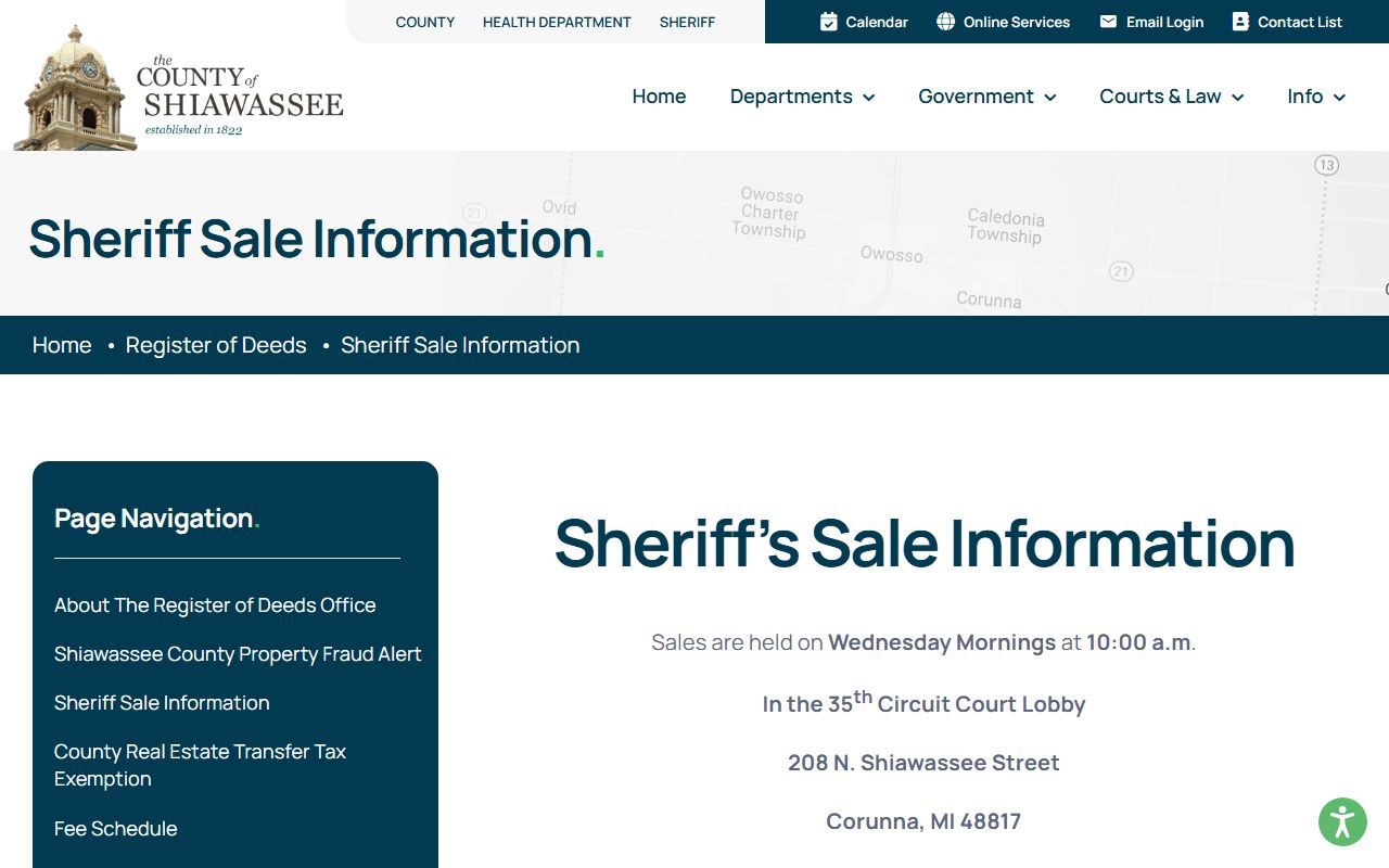 Shiawassee County sheriff sale information page for foreclosure sales at the Circuit Court lobby