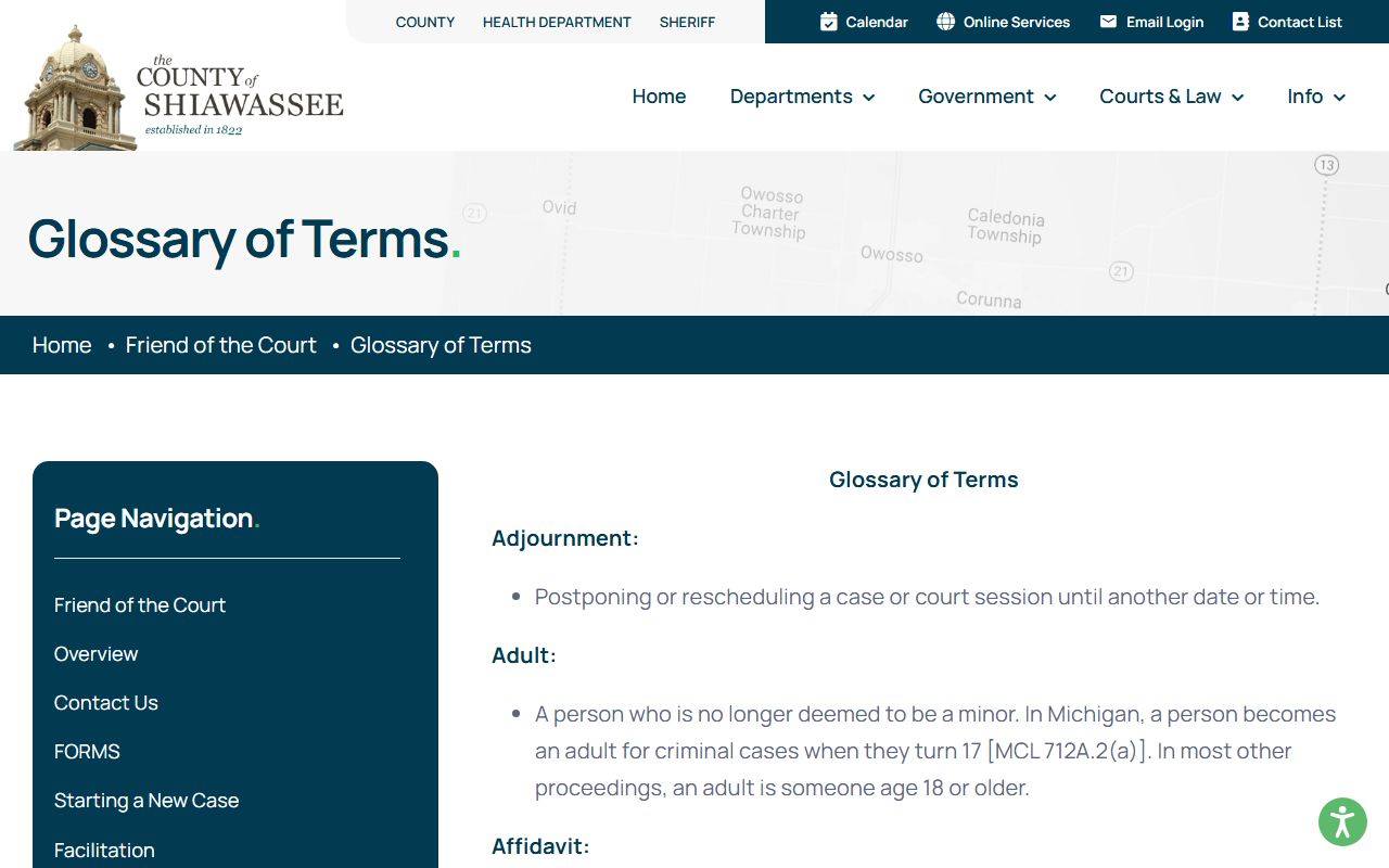 Shiawassee County glossary explaining arrest records and court charge terms