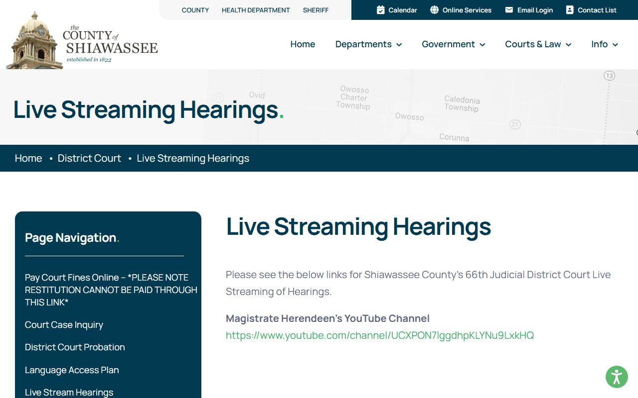 Shiawassee County District Court live-stream hearings page tied to court dockets