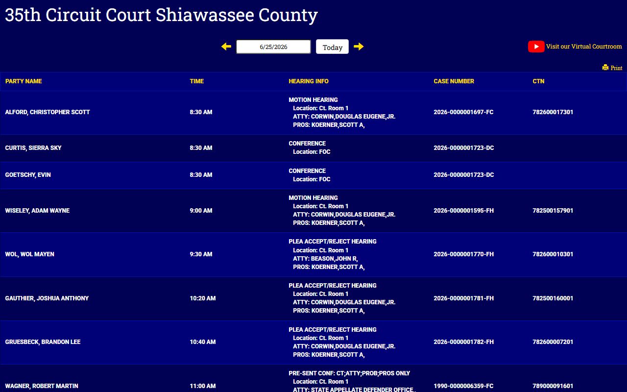 MiCOURT daily docket display for Shiawassee County Circuit Court court dockets
