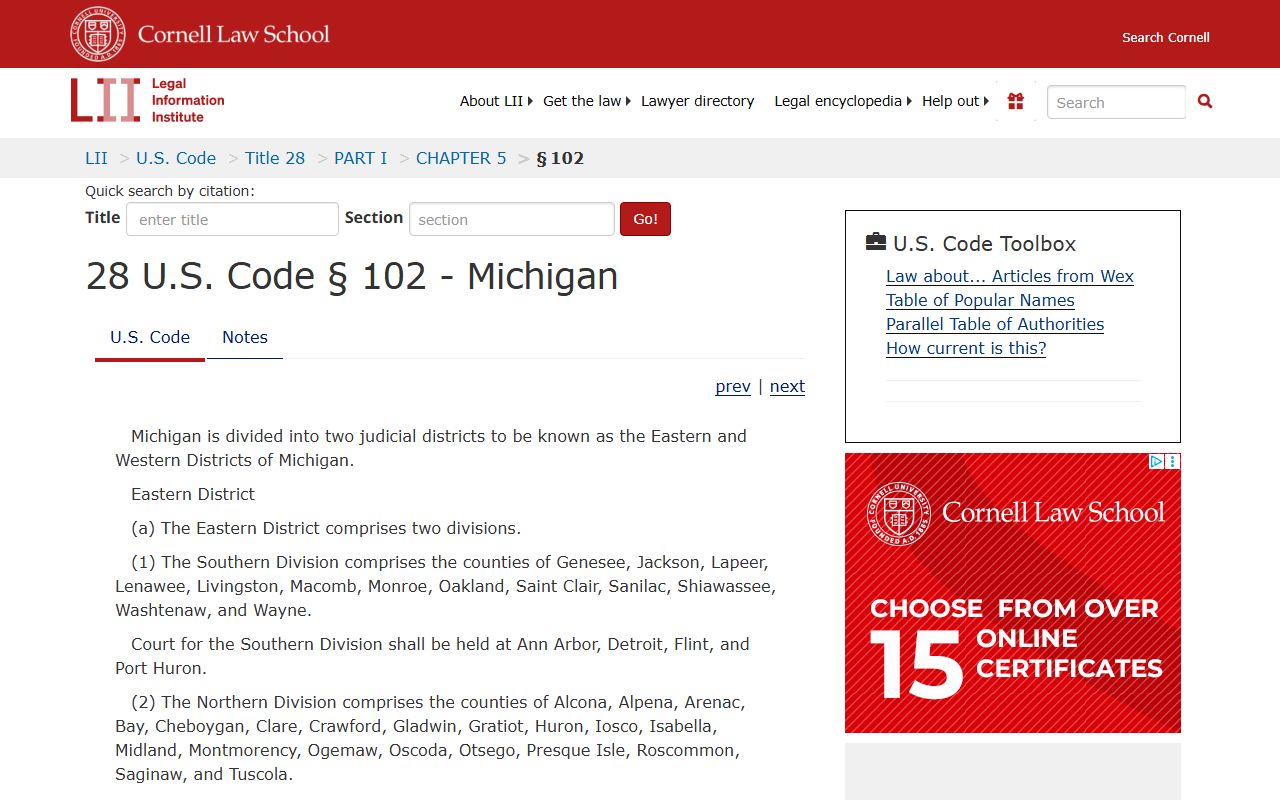 28 U.S.C. 102 listing Shiawassee County in the Eastern District of Michigan for federal court records