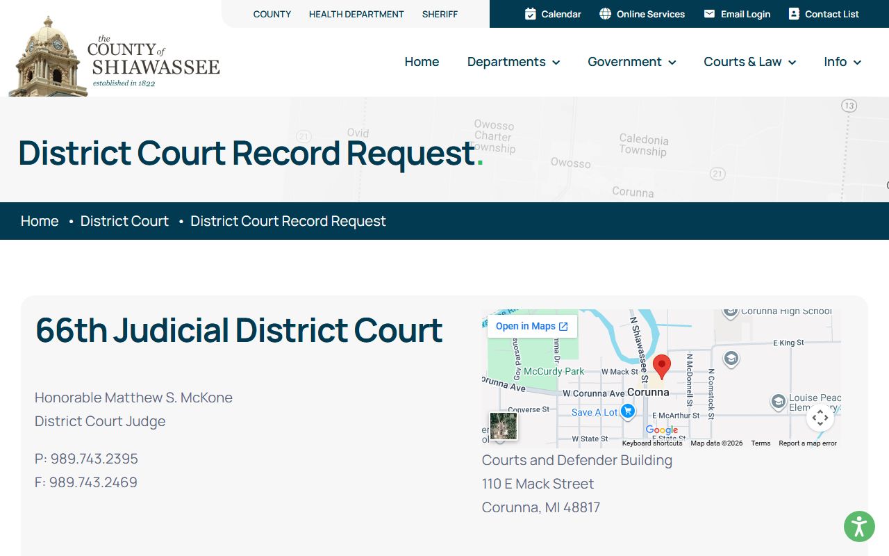 Shiawassee County District Court record request page for court records