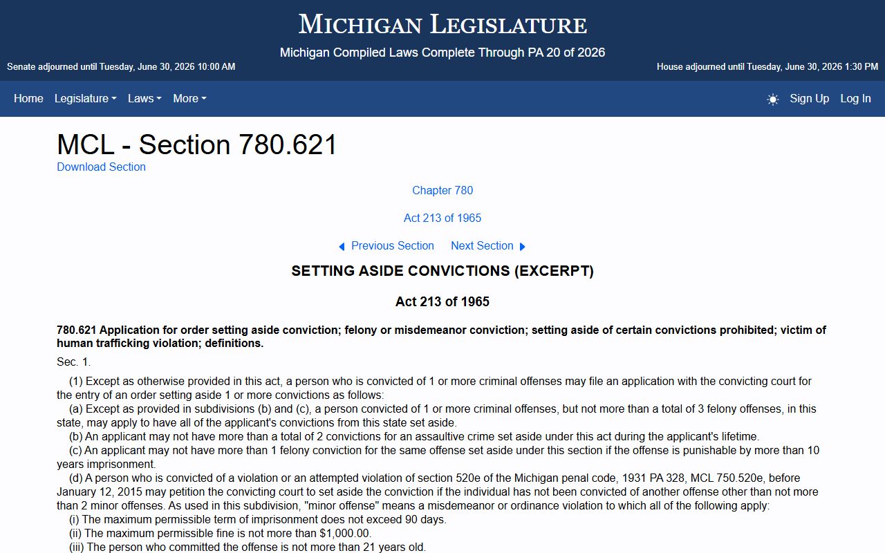 Michigan set-aside statute governing Shiawassee County criminal court records