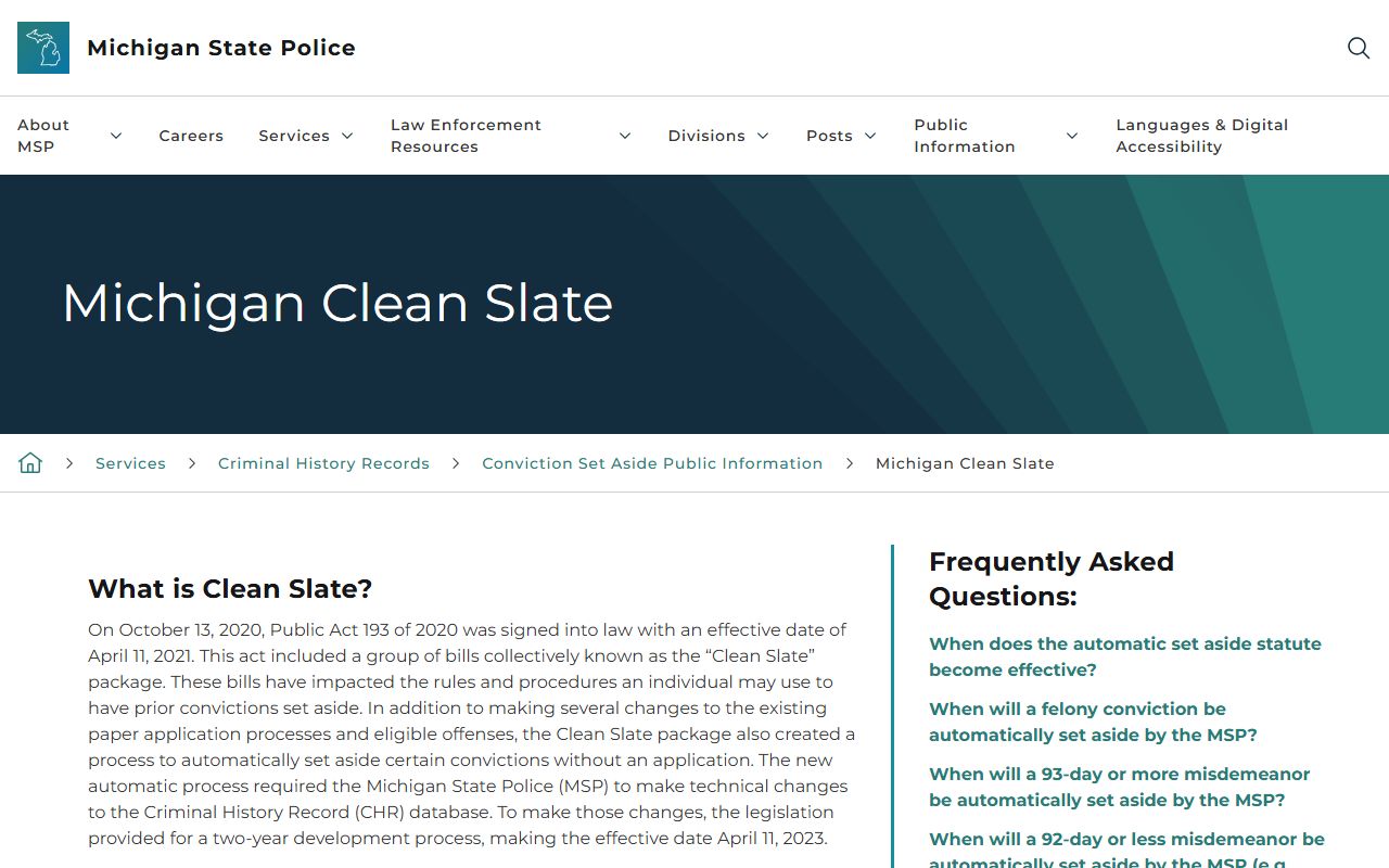 Michigan Clean Slate page affecting Shiawassee County criminal court records
