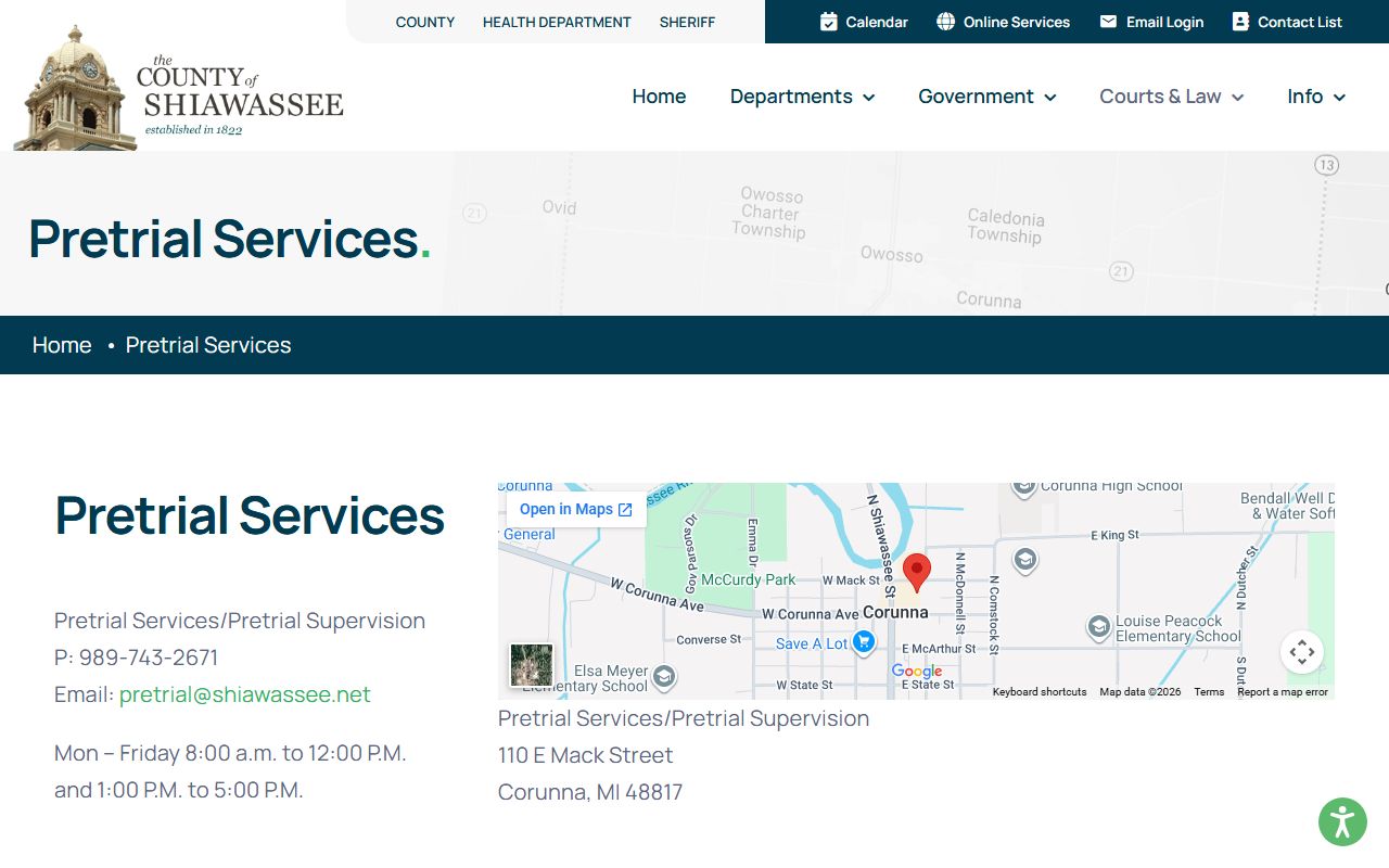 Shiawassee County Pretrial Services page tied to the criminal court record