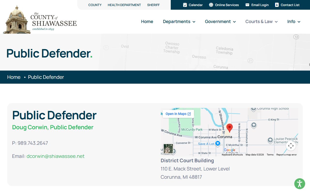 Shiawassee County Public Defender office that shapes criminal court record dispositions
