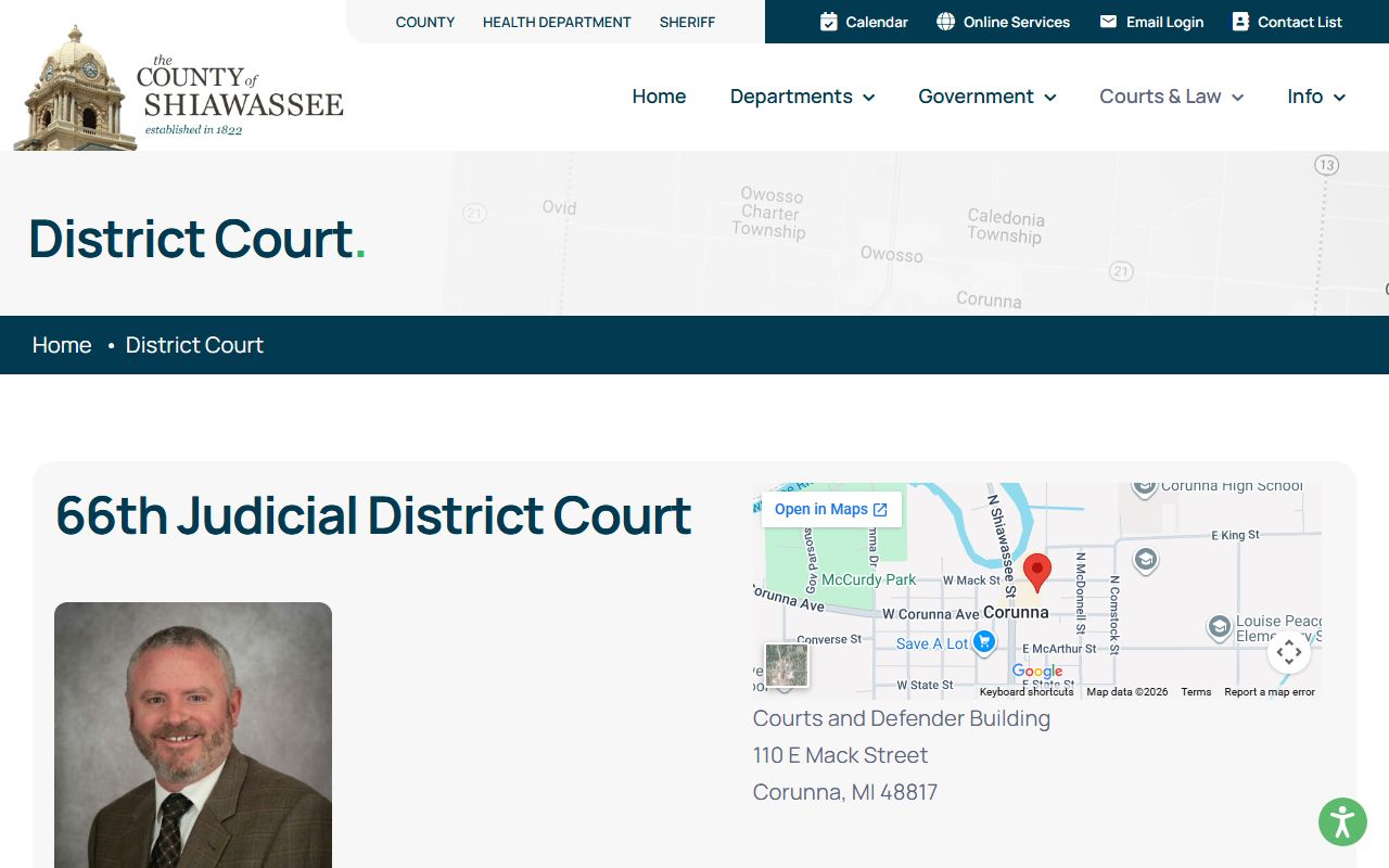 Shiawassee County 66th Judicial District Court page with judge and case types