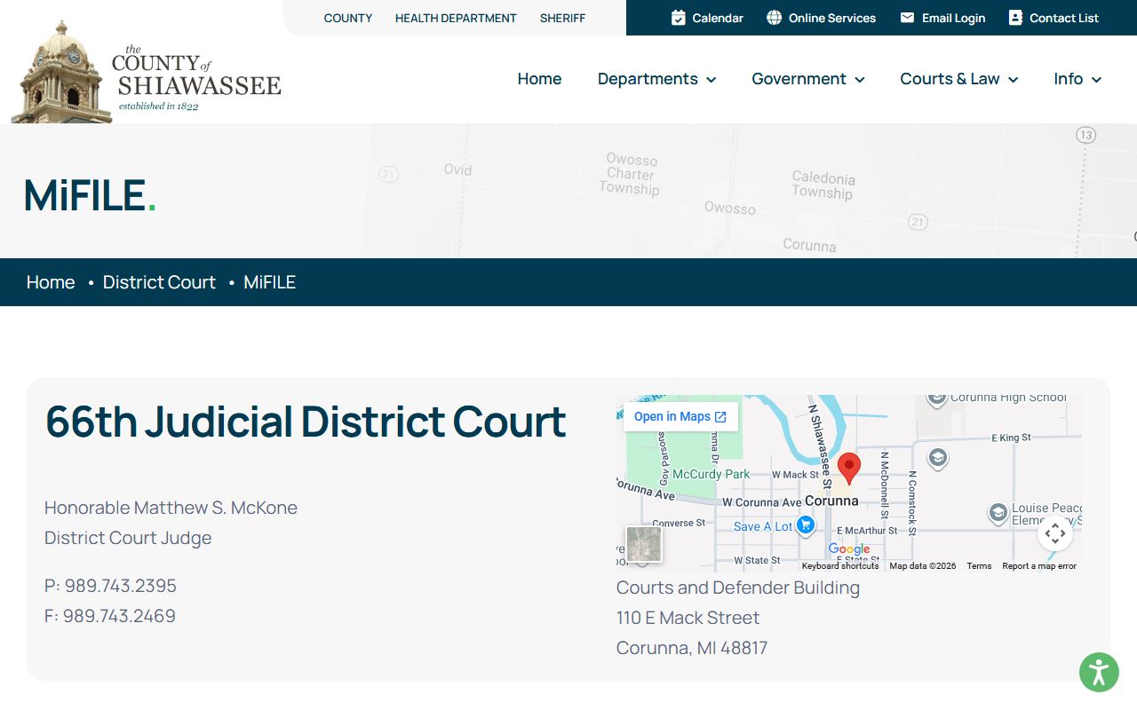 Shiawassee County 66th District Court MiFILE announcement for civil e-filing