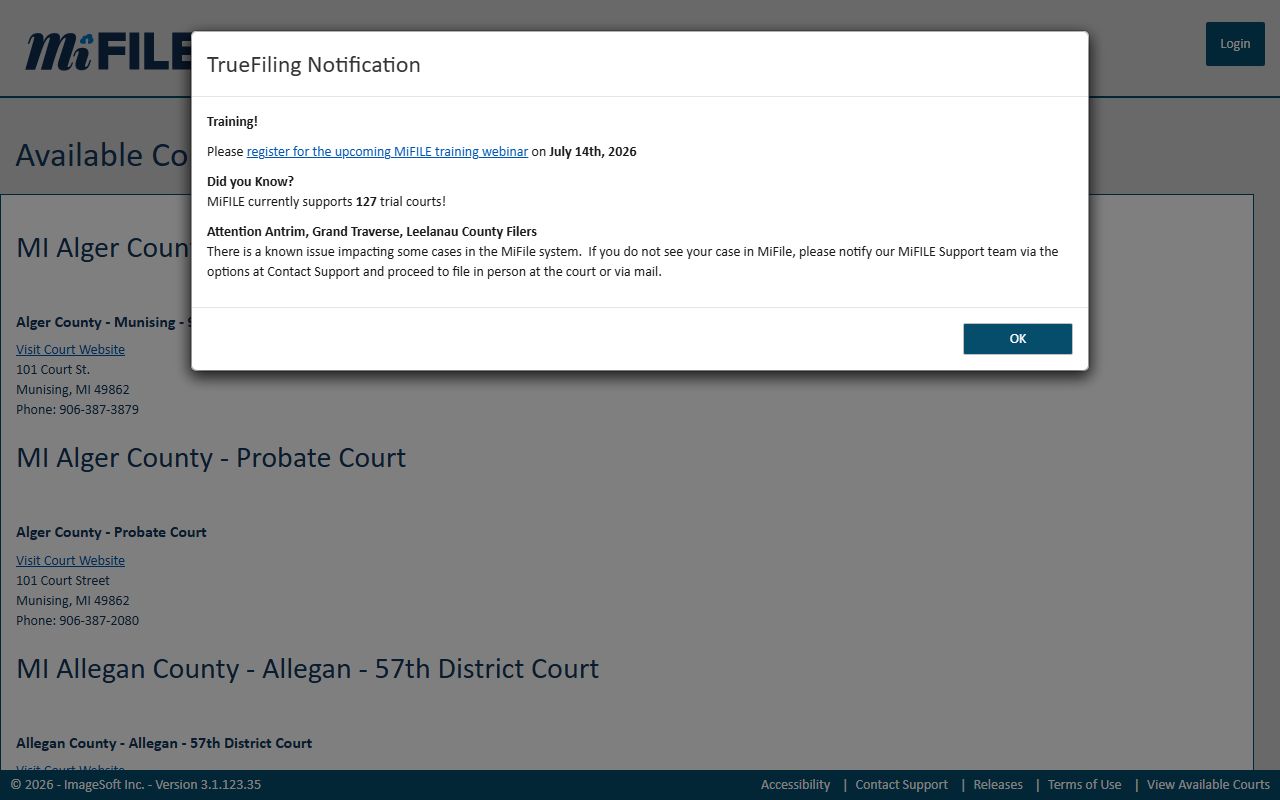 Statewide MiFILE available-courts list showing Shiawassee County district court