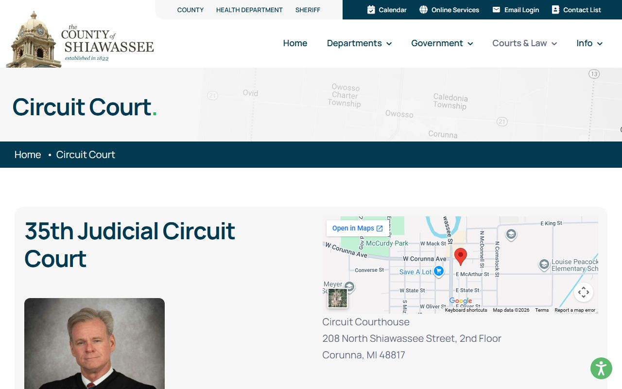 Shiawassee County 35th Circuit Court page with judge and court records details
