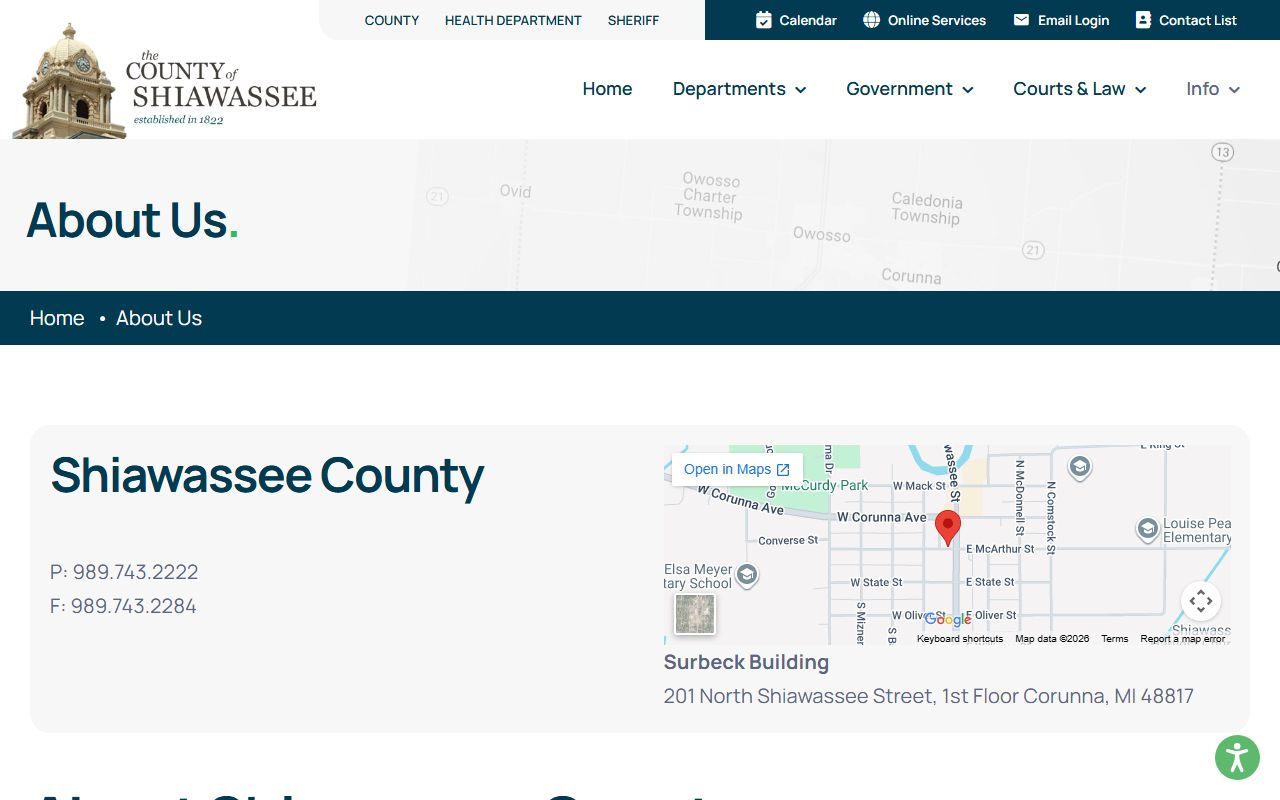 Shiawassee County history page describing the courthouse and county court records