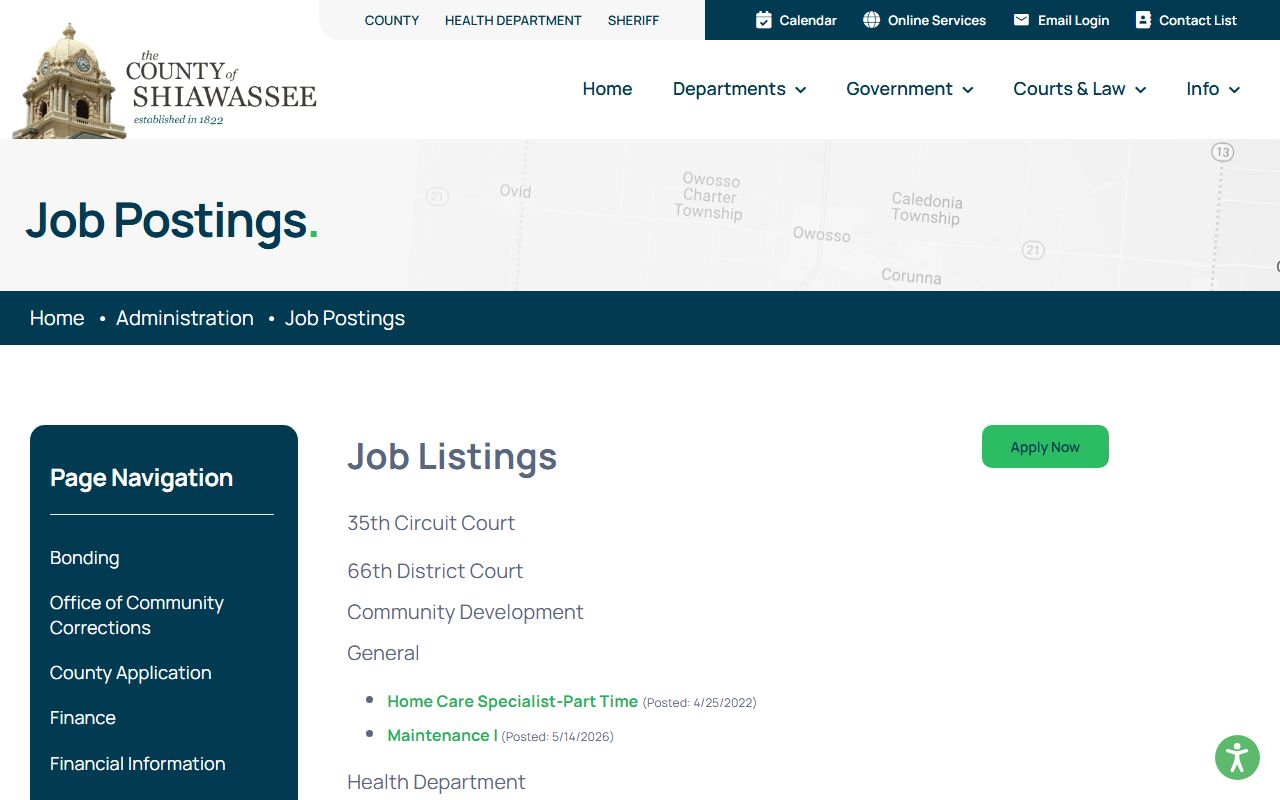 Shiawassee County job postings page reflecting court and public safety staffing