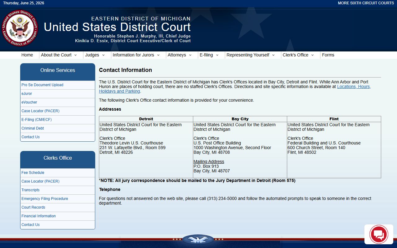 Eastern District of Michigan federal court page serving Shiawassee County court records users