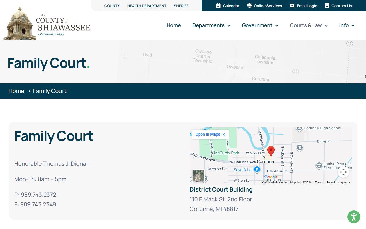 Shiawassee County Family Court page covering divorce and family court records