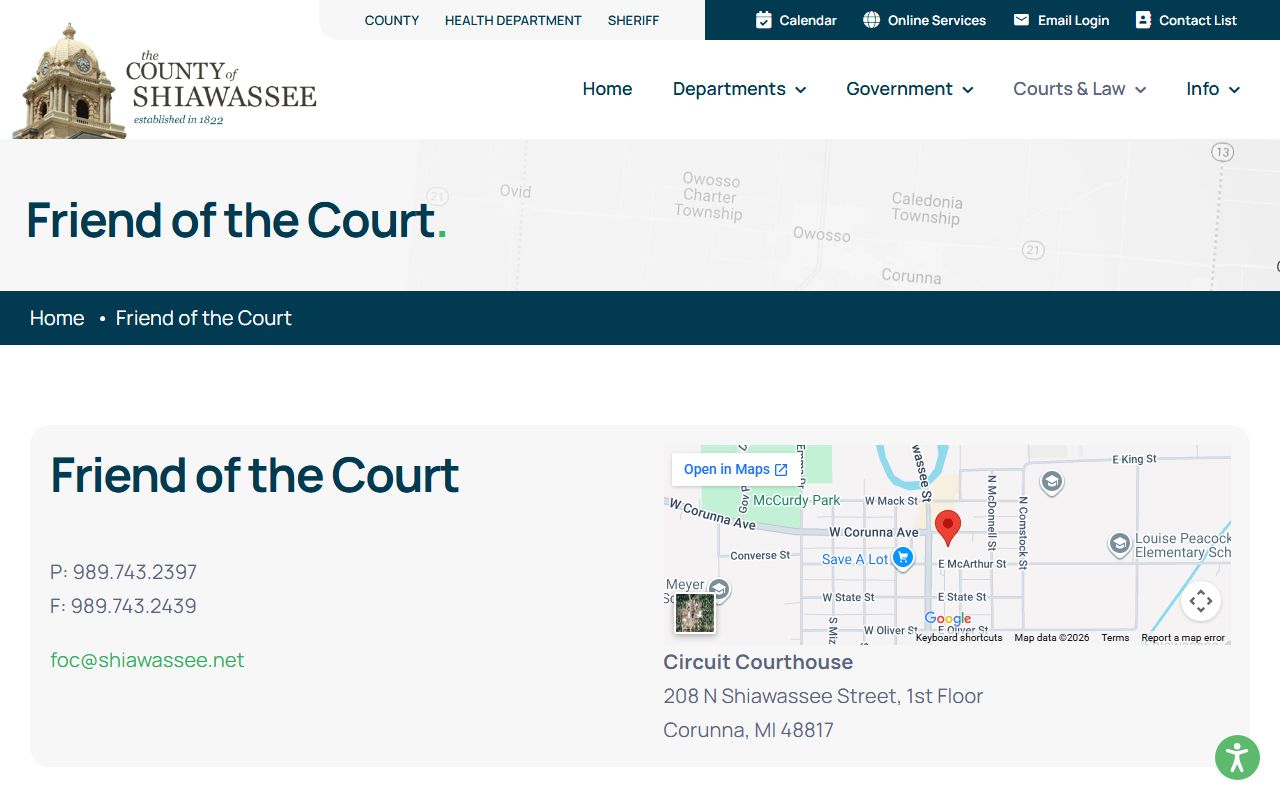 Shiawassee County Friend of the Court page with child support and court records resources