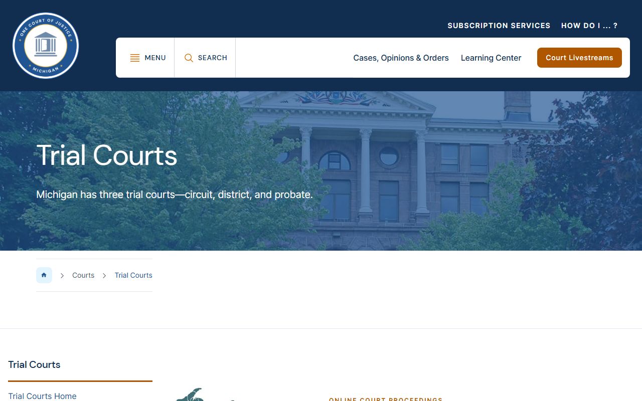 Michigan trial court structure page describing Shiawassee County court records