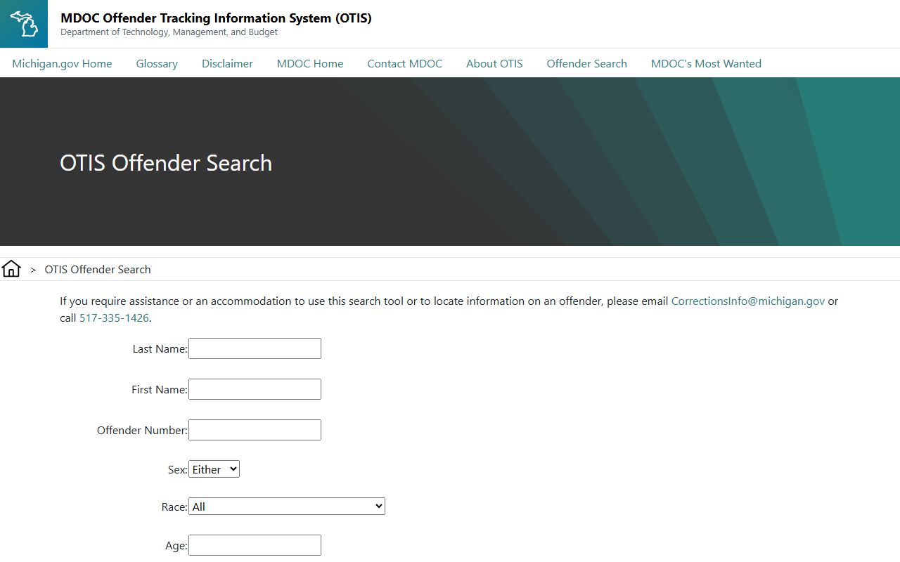 Michigan Department of Corrections OTIS offender search page for Shiawassee County inmates in state custody