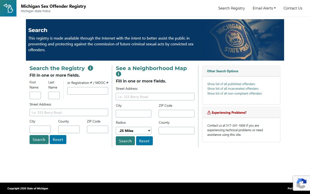 Michigan Sex Offender Registry search form used for Shiawassee County inmate and offender lookups