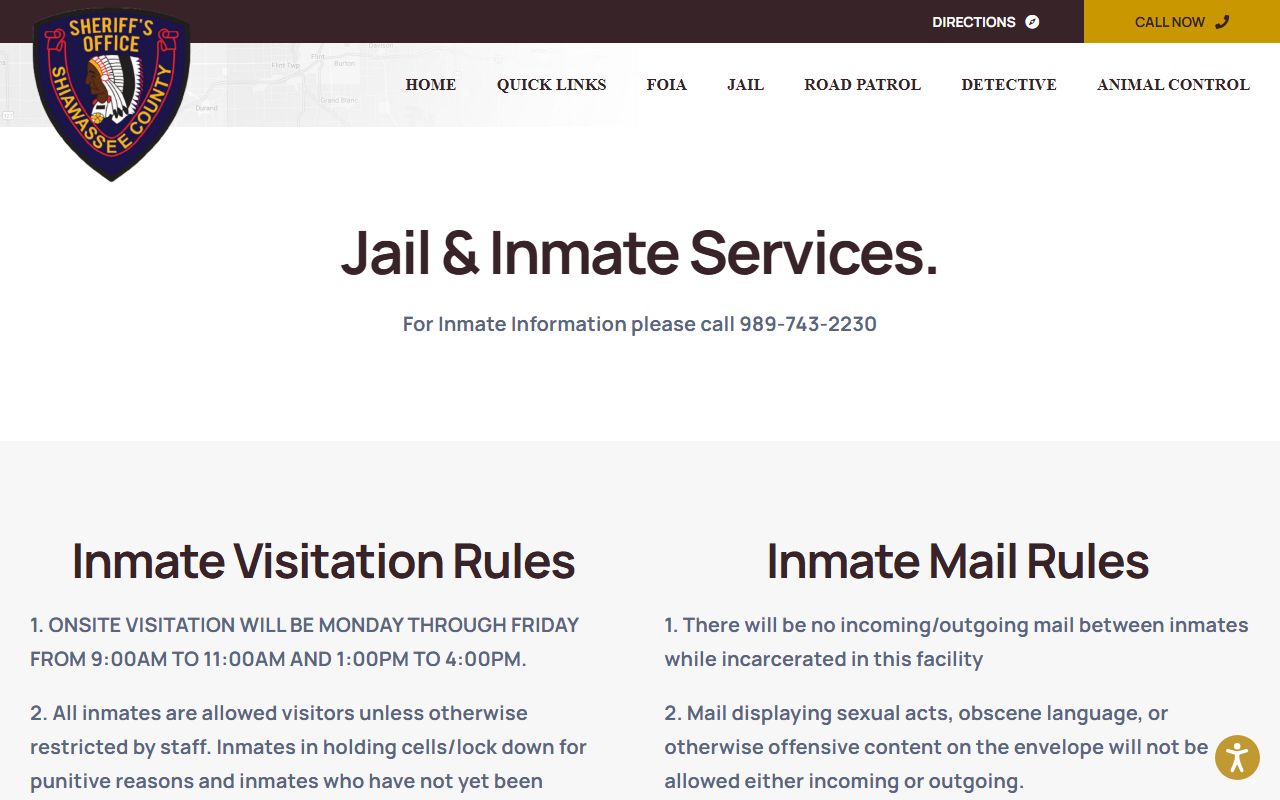 Shiawassee County jail and inmate services page with visitation, mail, and contact details