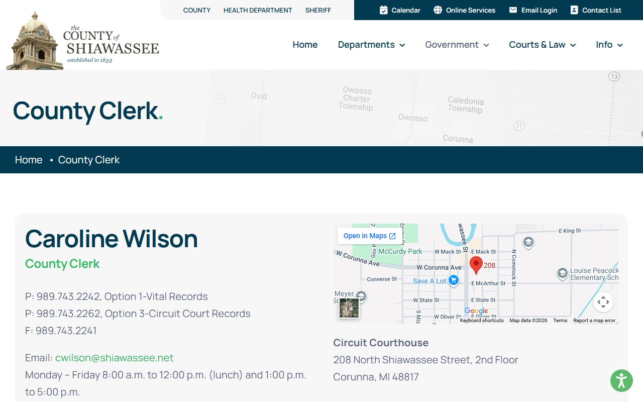 Shiawassee County Clerk marriage and divorce records office page