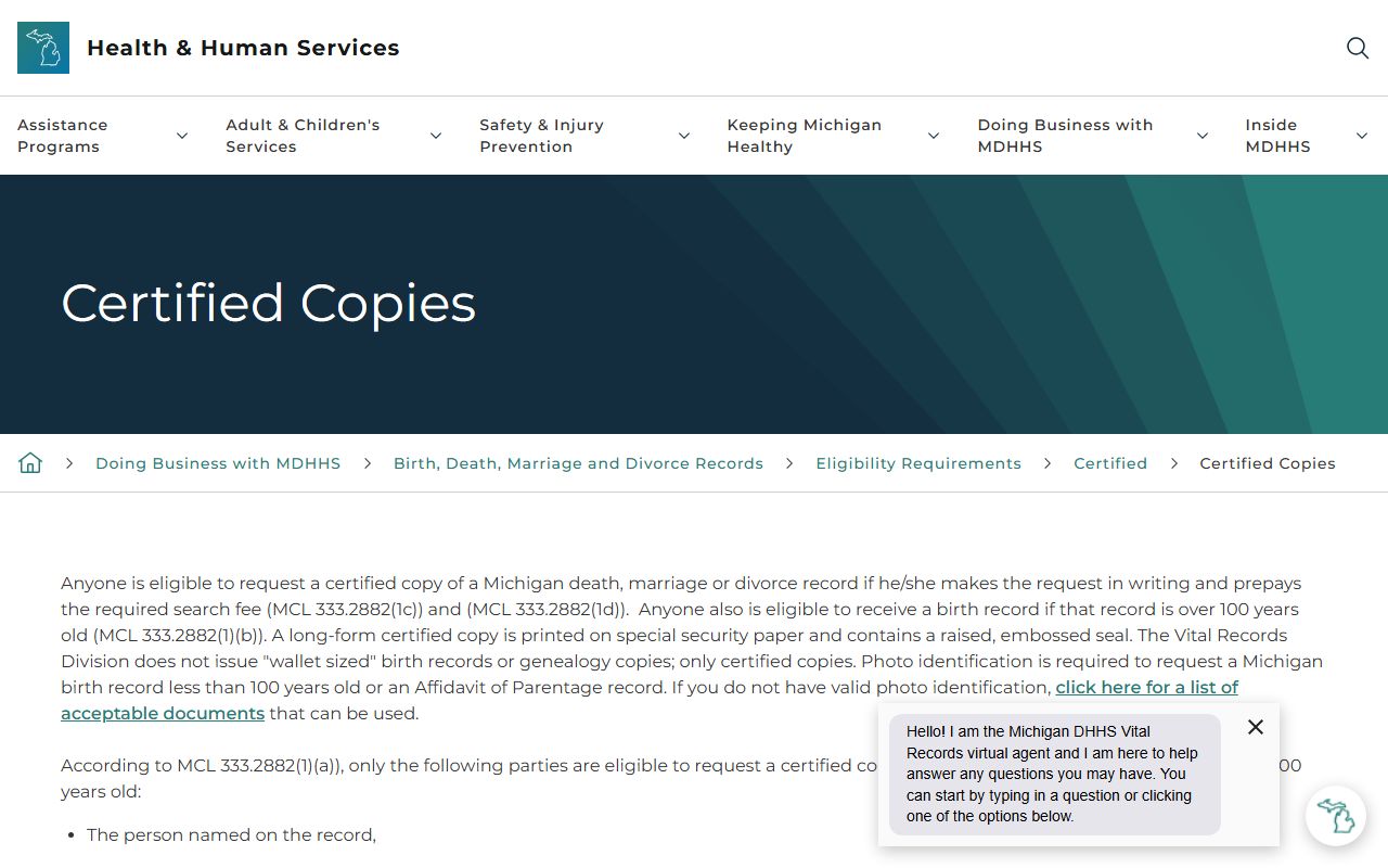 Michigan MDHHS certified copy eligibility page for marriage and divorce records