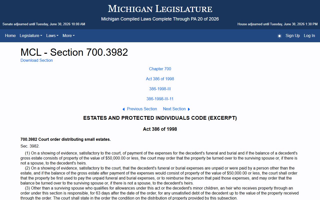 Michigan MCL 700.3982 small estate statute for Shiawassee County probate records