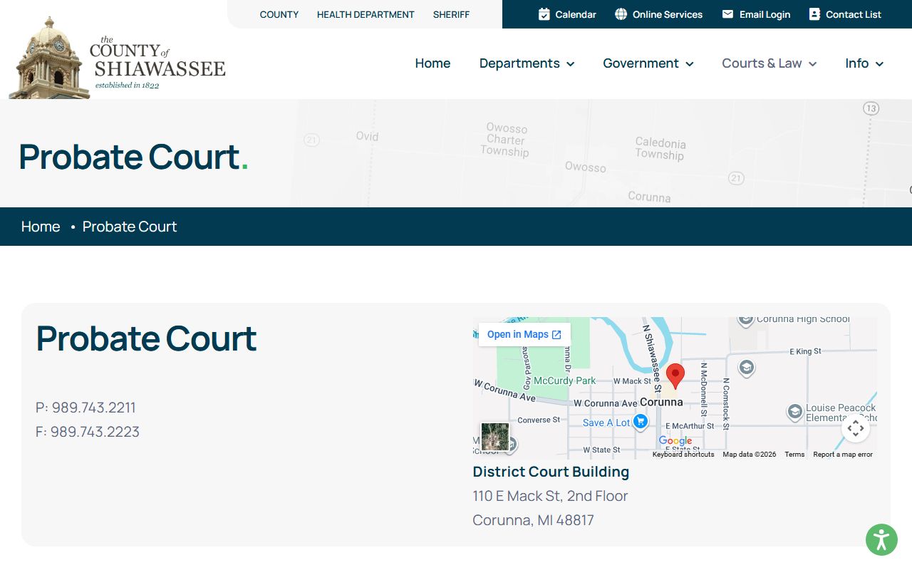 Shiawassee County Probate Court records page with services and address
