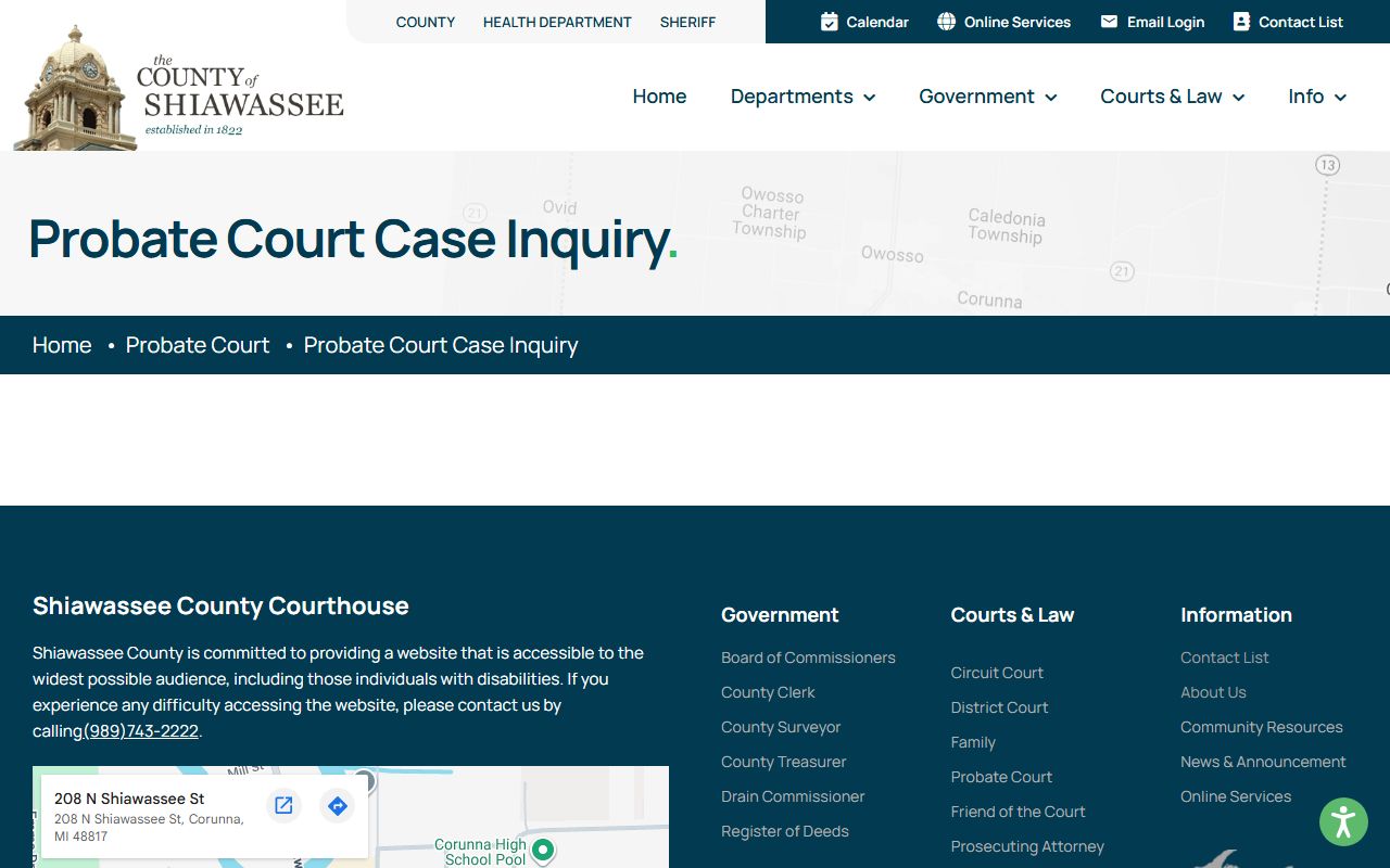 Shiawassee County Probate Court case inquiry search page