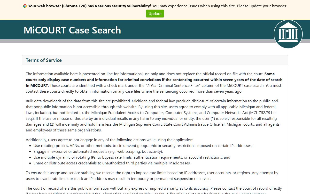 MiCOURT Case Search used to look up Shiawassee County traffic court records