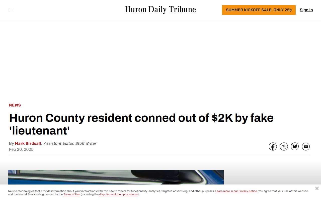 Local news article warning about a fake Shiawassee County warrant payment scam call