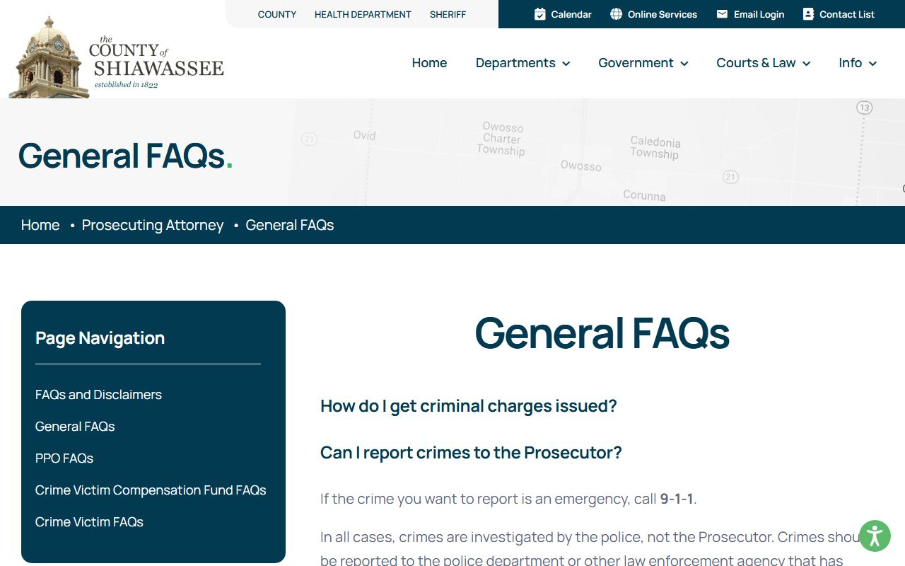 Shiawassee County Prosecuting Attorney FAQ explaining warrant and charge status limits