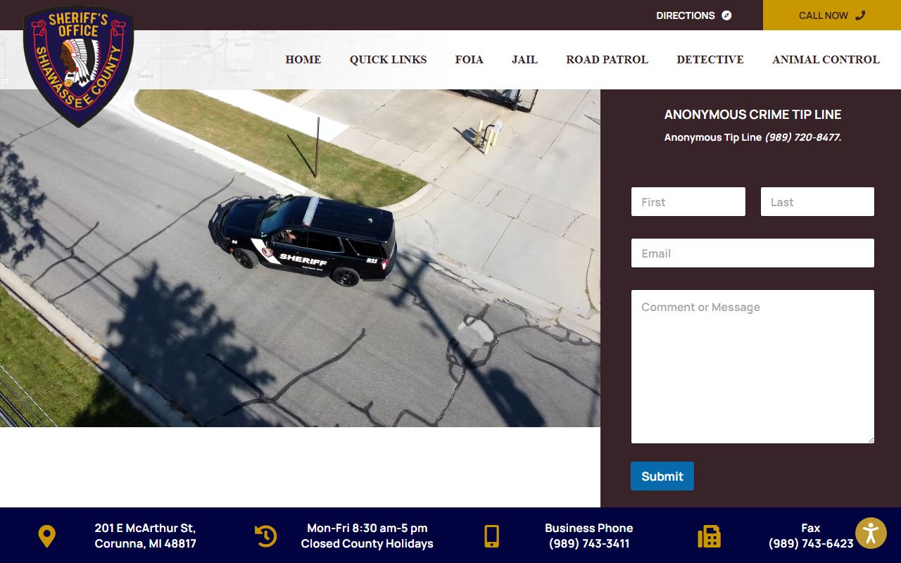 Shiawassee County Sheriff's Office homepage used to start a warrant records check